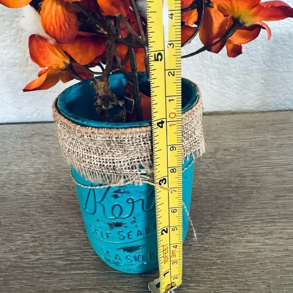 Fall Farmhouse Turquoise Mason Jar Vase Hydrangea Cotton Floral Arrangement